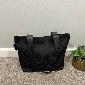 Longchamp Vintage Shoulder Bag Canvas Leather Jacquard All Over Logo Black Tote